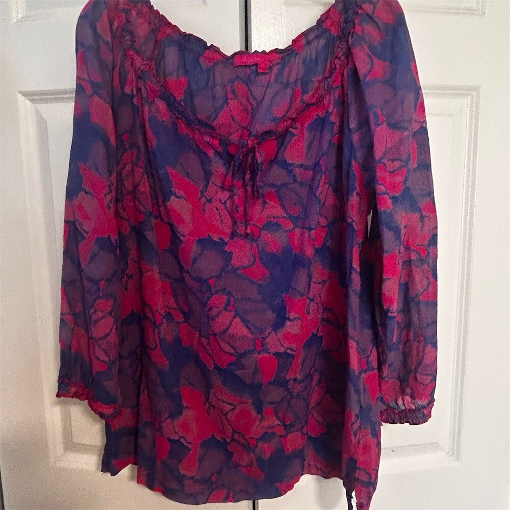 Fresh Produce Blouse Womens M Purple Pink Floral Sheer Tie Neck Ruffle